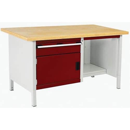 Dílenský stůl Bott Cubio Storage, 84 x 150 x 75 cm, 1 skříňka, 1 zásuvka, police, multiplex, šedá-červená