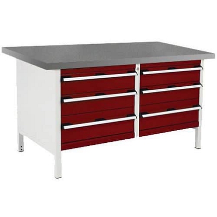 Dílenský stůl Bott Cubio Storage, 84 x 150 x 75 cm, 6 zásuvek, linoleum, šedá-červená