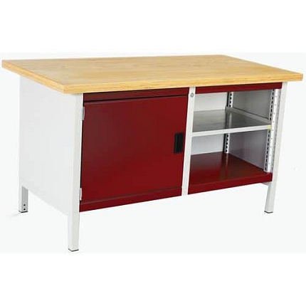 Dílenský stůl Bott Cubio Storage, 84 x 150 x 75 cm, 1 skříňka, otevřená část s policí, multiplex, šedá-červená