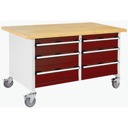 Mobilní dílenský stůl Bott Cubio Storage, 84 x 150 x 75 cm, 6 zásuvek, multiplex, šedá-červená