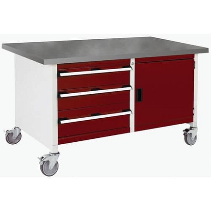 Mobilní dílenský stůl Bott Cubio Storage, 84 x 150 x 75 cm, 3 zásuvky, skříňka, linoleum, šedá-červená