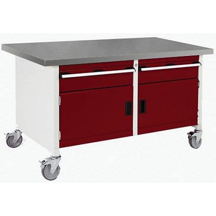 Mobilní dílenský stůl Bott Cubio Storage, 84 x 150 x 75 cm, 2 zásuvky, 2 skříňky, linoleum, šedá-červená