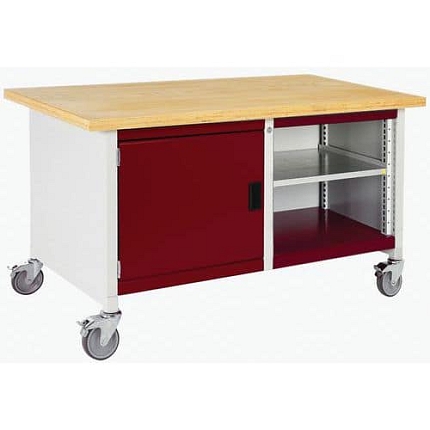 Mobilní dílenský stůl Bott Cubio Storage, 84 x 150 x 75 cm, skříňka, otevřený prostor s policí, multiplex, šedá-červená