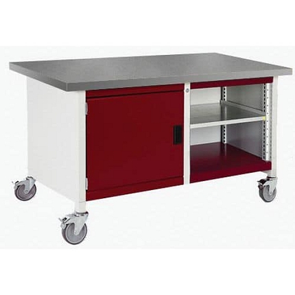Mobilní dílenský stůl Bott Cubio Storage, 84 x 150 x 75 cm, skříňka, otevřený prostor s policí, linoleum, šedá-červená