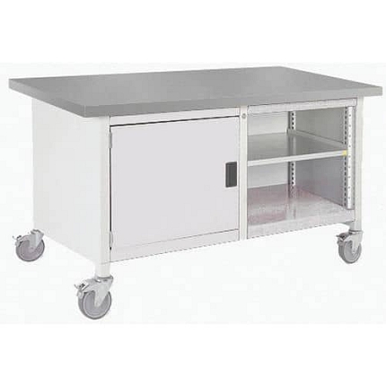 Mobilní dílenský stůl Bott Cubio Storage, 84 x 150 x 75 cm, skříňka, otevřený prostor s policí, linoleum, šedá-šedá