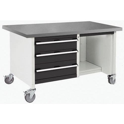 Mobilní dílenský stůl Bott Cubio Storage, 84 x 150 x 75 cm, 3 zásuvky, police, linoleum, šedá-antracit