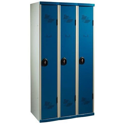Svařovaná šatní skříň Acial, 3 oddíly, 300 mm, otočný uzávěr, šedá/modrá