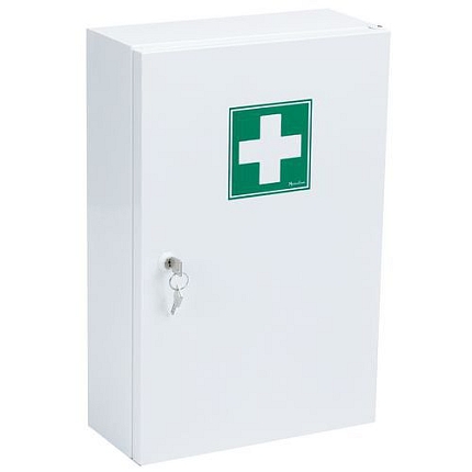 Kovová nástěnná lékárnička Manutan Expert, uzamykatelná, 45,5 x 31 x 14,5 cm