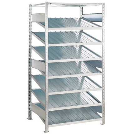 Kovový regál se šikmými policemi Astraia, základní, 200 x 100 x 80 cm, 1 300 kg, 8 polic, pozink