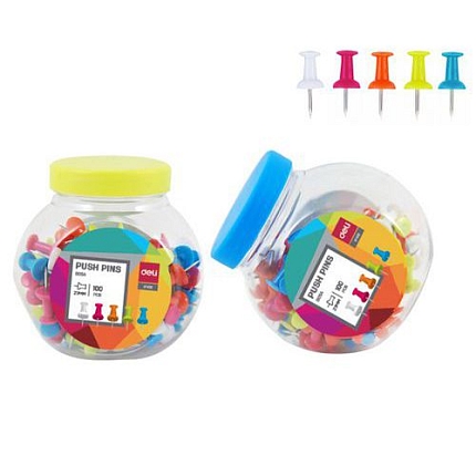 Připínáčky DELI dóza barevné, 100ks