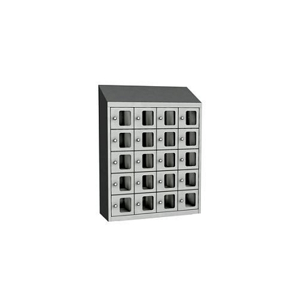 Svařovaná skříň na osobní věci Olaf s průhlednými dvířky, 20 boxů, cylindrický zámek, šedá/šedá