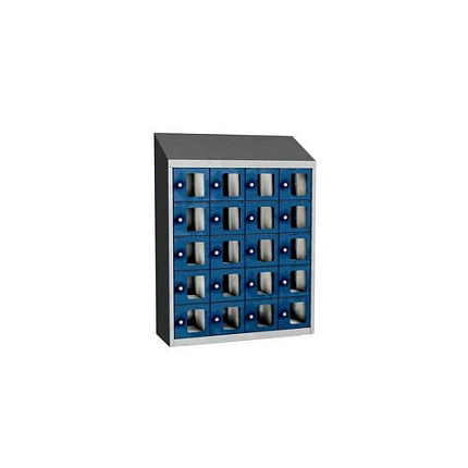 Svařovaná skříň na osobní věci Olaf s průhlednými dvířky, 20 boxů, cylindrický zámek, šedá/tmavě modrá