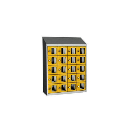 Svařovaná skříň na osobní věci Olaf s průhlednými dvířky, 20 boxů, cylindrický zámek, šedá/žlutá