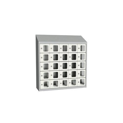 Svařovaná skříň na osobní věci Olaf s průhlednými dvířky, 25 boxů, otočný uzávěr, šedá/bílá
