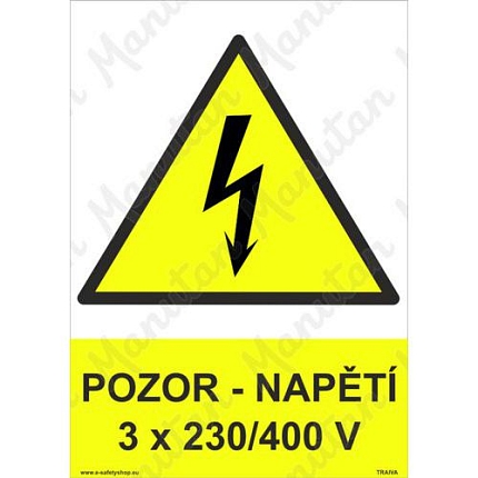Pozor napětí 3 x 230/400 V, plast 210 x 297 x 0,5 mm A4