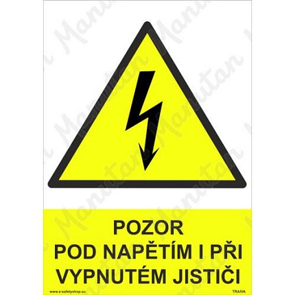 Pozor pod napětím i při vypnutém jističi, samolepka 148 x 210 x 0,1 mm A5