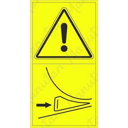 Výstraha zajisti mobilní stroj klínem proti samovolnému pojezdu, samolepka 95 x 175 x 0,1 mm