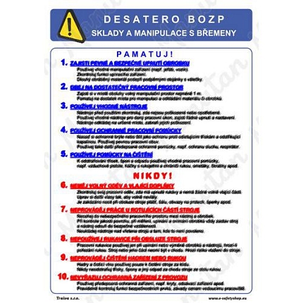 Desatero BOZP sklady a manipulace s břemeny, samolepka 297 x 420 x 0,1 mm A3