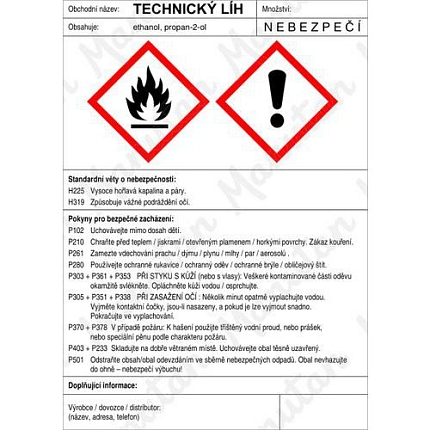 Technický líh štítek, samolepka 105 x 148 x 0,1 mm A6
