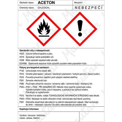 Aceton štítek, samolepka 105 x 148 x 0,1 mm A6