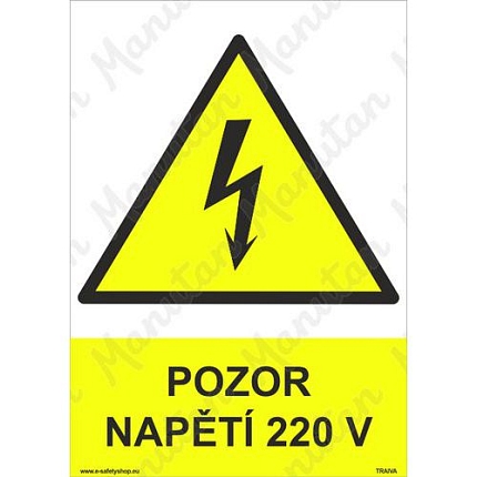 Pozor napětí 220 V, plast 148 x 210 x 0,5 mm A5