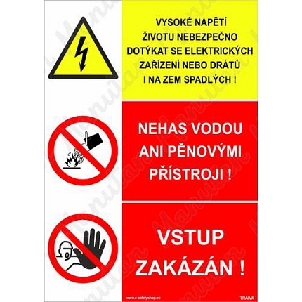 Vysoké napětí životu nebezpečno dotýkat se elektrických zařízení nebo drátů i na zem spadlých, samolepka 148 x 210 x 0,1 mm A5