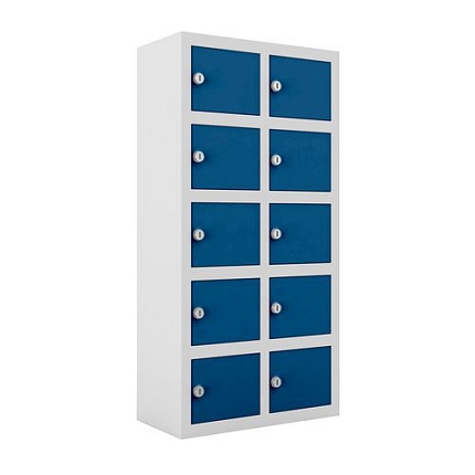 Svařovaná skříň na osobní věci Ben, 10 boxů, cylindrický zámek, šedá/tmavě modrá