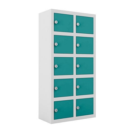 Svařovaná skříň na osobní věci Ben, 10 boxů, cylindrický zámek, šedá/tyrkysová