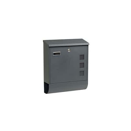 Ocelová schránka s okénky z matného plexiskla umožňující částečný průhled do jejího vnitřku a tubusem na tiskopisy