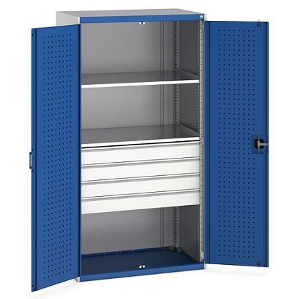 Dílenská skříň se zásuvkami Bott Cubio, 200 x 105 x 65 cm, 2 police, 4 zásuvky, šedá-modrá
