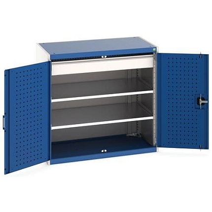 Dílenská skříň se zásuvkami Bott Cubio, 100 x 105 x 65 cm, 2 police, 1 zásuvka, šedá-modrá
