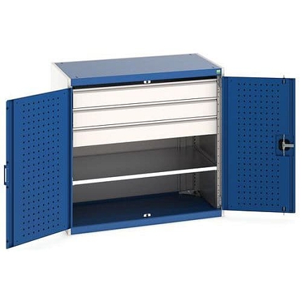 Dílenská skříň se zásuvkami Bott Cubio, 100 x 105 x 65 cm, 1 police, 3 zásuvky, šedá-modrá