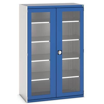 Dílenská skříň s průhlednými dveřmi Bott Cubio, 200 x 130 x 65 cm, 4 police, šedá-modrá