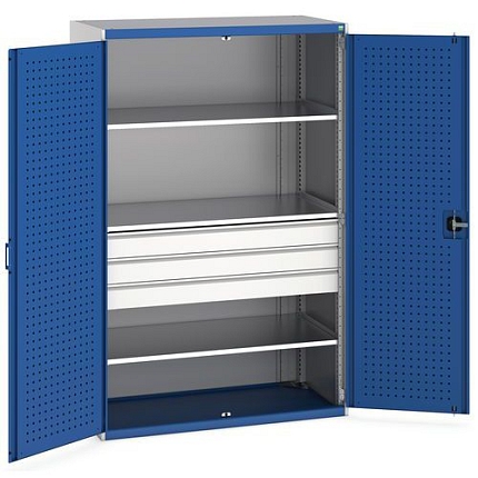 Dílenská skříň se zásuvkami Bott Cubio 160, 200 x 130 x 65 cm, 3 police, 3 zásuvky, šedá-modrá