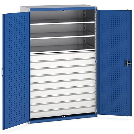 Dílenská skříň se zásuvkami Bott Cubio 160, 200 x 130 x 65 cm, 3 police, 9 zásuvek, šedá-modrá