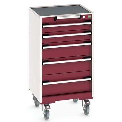 Mobilní zásuvková skříň Bott Cubio, 98,5 x 52,5 x 52,5 cm, 5 zásuvek, rohož, šedá-červená