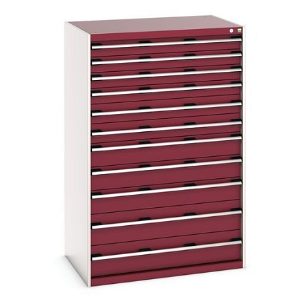 Dílenská zásuvková skříň Bott Cubio, 160 x 105 x 75 cm, 11 zásuvek, šedá-červená