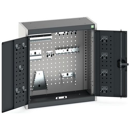 Závěsná skříňka Bott Cubio s držáky na nářadí a perfopanely, 70 x 65 x 32,5 cm, 20 držáků, šedá-antracit