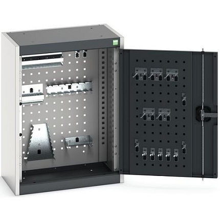 Závěsná skříňka Bott Cubio s držáky na nářadí a perfopanely, 70 x 52,5 x 32,5 cm, 20 držáků, šedá-antracit