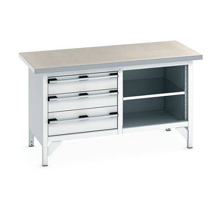 Dílenský stůl Bott Cubio Storage, 84 x 150 x 75 cm, 3 zásuvky, otevřený prostor s policí, linoleum, šedá-šedá