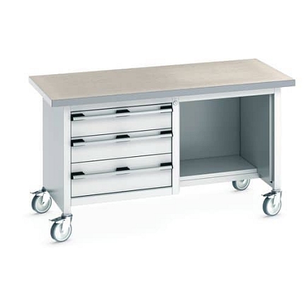 Mobilní dílenský stůl Bott Cubio Storage, 84 x 150 x 75 cm, 3 zásuvky, police, linoleum, šedá-šedá