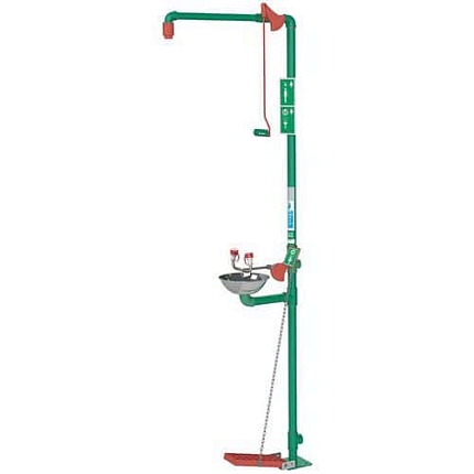 Bezpečnostní sprcha Hughes EXP s umyvadlem pro výplach očí, zelená