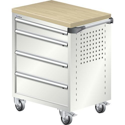 Dílenský zásuvkový vozík LISTA, pracovní deska z multiplexní dýhy, 4 zásuvky, světle šedá