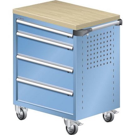 Dílenský zásuvkový vozík LISTA, pracovní deska z multiplexní dýhy, 4 zásuvky, světle modrá