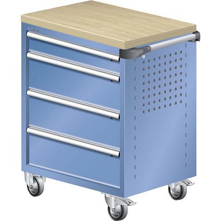 Dílenský zásuvkový vozík LISTA, pracovní deska z multiplexní dýhy, 4 zásuvky, modrá