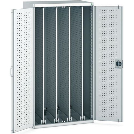 Dílenská skříň Bott Cubio s výsuvnými perfopanely, 200 x 105 x 65 cm, plné dveře, šedá-šedá