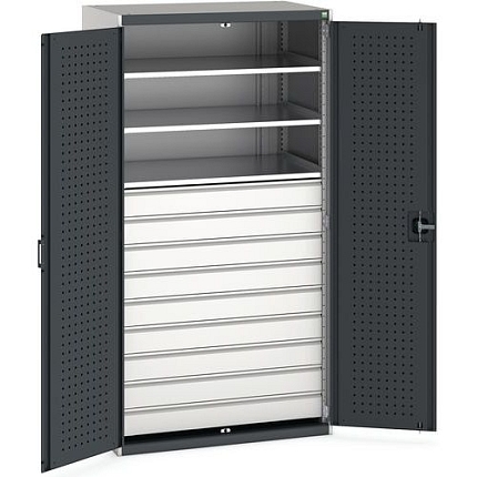 Dílenská skříň se zásuvkami Bott Cubio, 200 x 105 x 65 cm, 3 police, 9 zásuvek, šedá-antracit