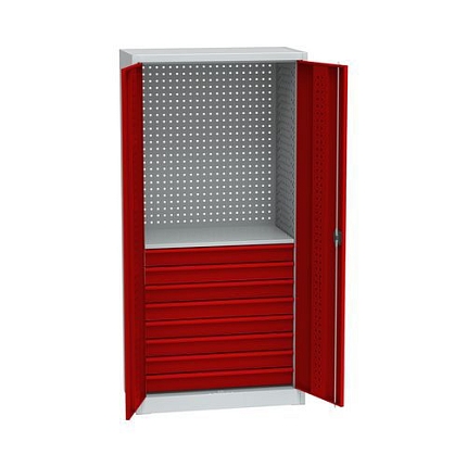 Kovová dílenská skříň na nářadí, 8 zásuvek, 195 x 95 x 50 cm, světle šedá/červená