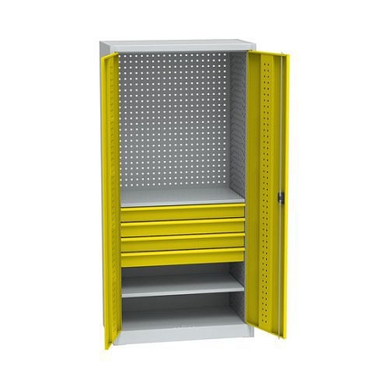 Kovová dílenská skříň na nářadí, 4 zásuvky, 195 x 95 x 50 cm, světle šedá/žlutá