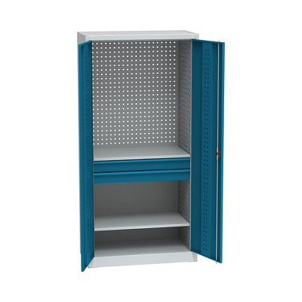 Kovová dílenská skříň na nářadí, 2 zásuvky, 195 x 95 x 50 cm, světle šedá/světle modrá
